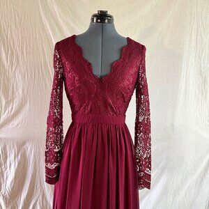 Lulu's Burgundy Open Back Lace with Shirt Gown Sz M